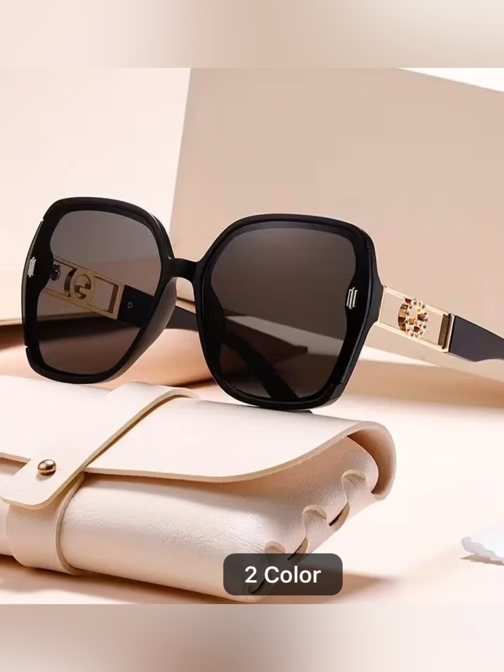 Oversized Black Women's Sunglasses with Gold Accent Temples